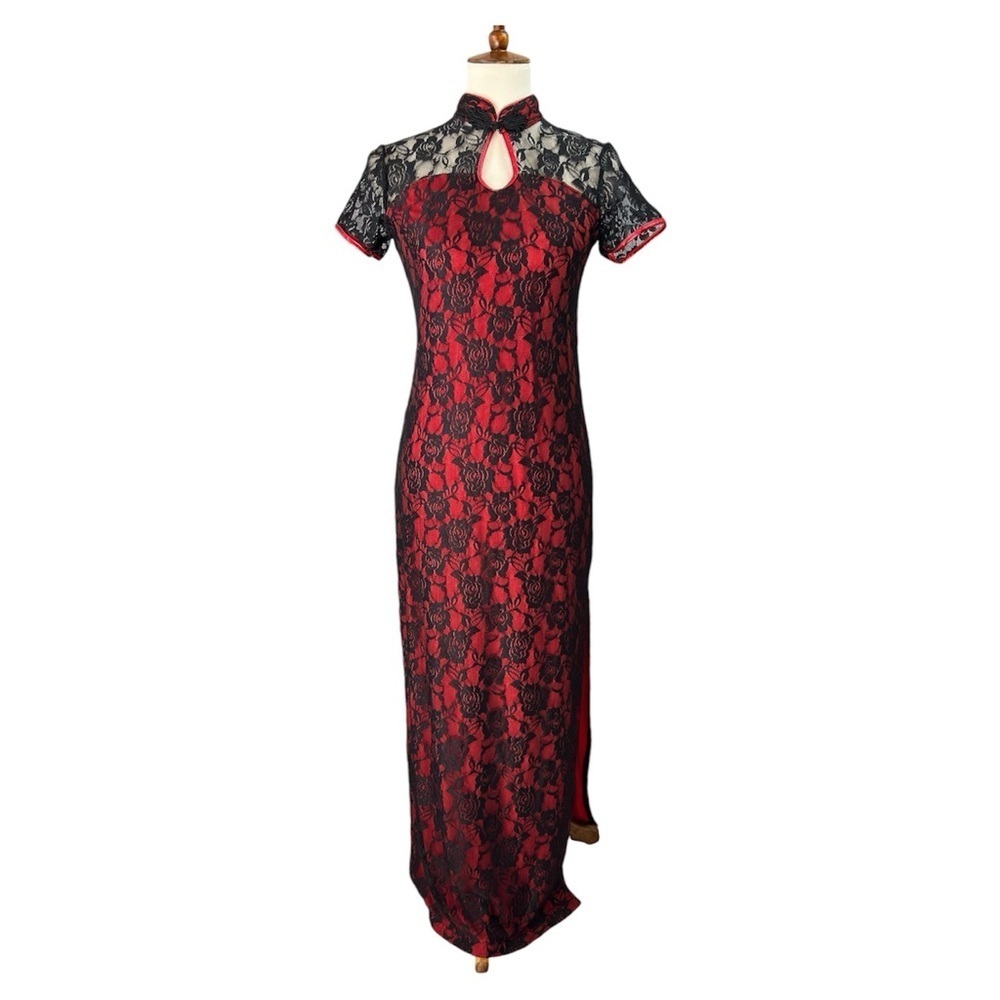 Asian Inspired Dress Women’s Med Red-All Over Black Lace Evening…